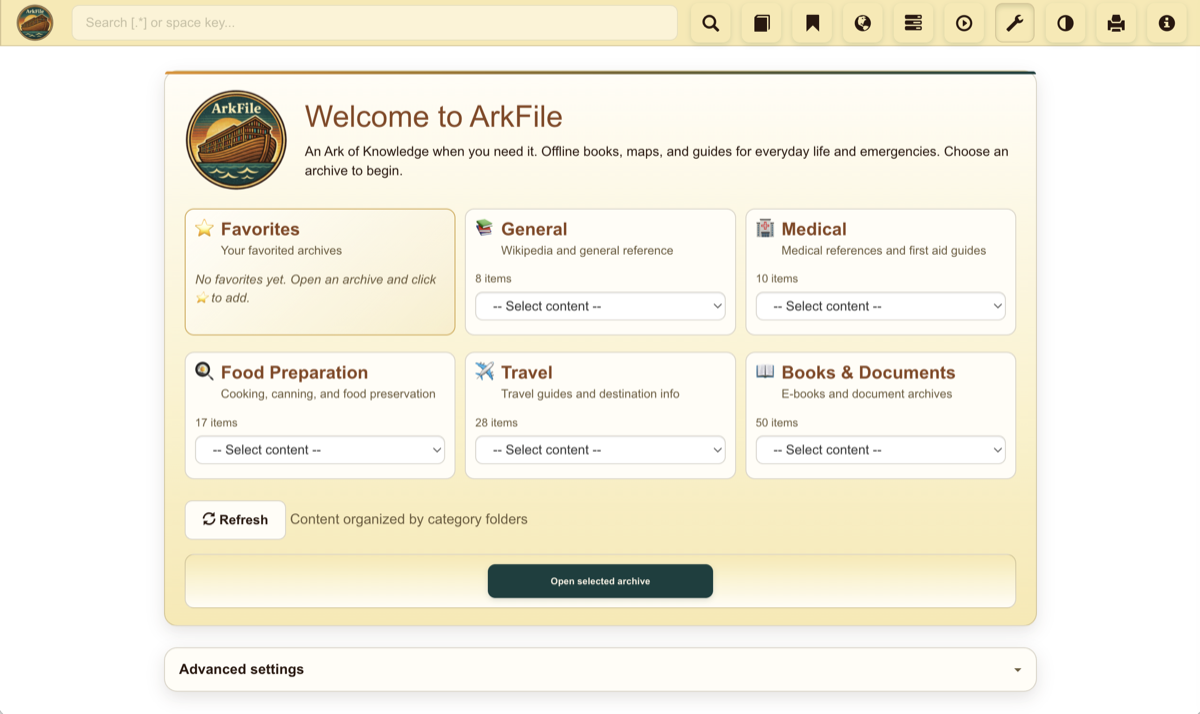 ArkFile landing page with content categories